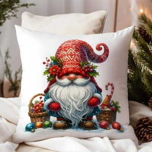 Detail of a watercolor Christmas gnome pillowcase featuring a festive red and white pattern