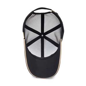 Classic black trucker hat with breathable mesh and premium gold hardware adjustment