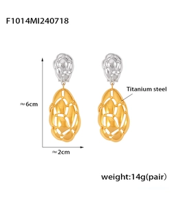 Detailed view of bicolor titanium steel earrings with dimensions 6cm by 2cm and 14g weight