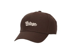 Detail of white vintage 3D embroidery on dark coffee cotton twill baseball cap
