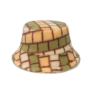 Winter plush checkerboard bucket hat in green and yellow squares for cozy warmth