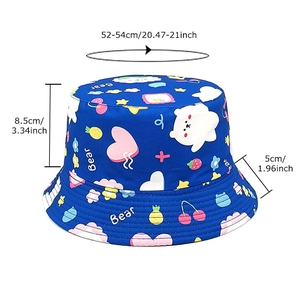 Kids navy cotton bucket hat with cute cartoon bear and cherry prints for summer