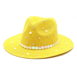 Bright yellow straw sun hat with pearl and sequin accents in a classic British jazz style