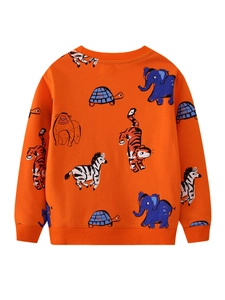 Vibrant orange children's sweatshirt with colorful cartoon animal print and ribbed trim