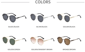 Detailed color chart of vintage round metal sunglasses in six different frame and lens tints
