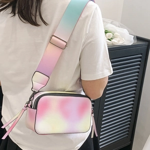 Gradient rainbow camera bag with wide shoulder strap and double zippers for women