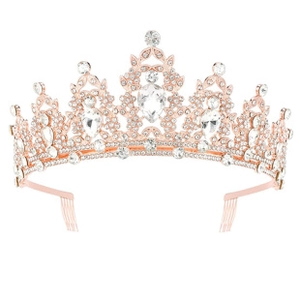 Detail showing rose gold bridal crown with shimmering rhinestones and secure hair combs
