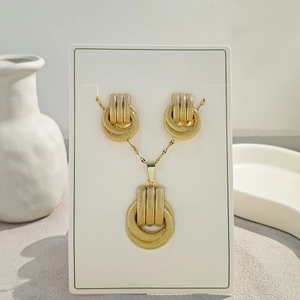 Detail of gold geometric necklace and earrings set displayed on a white jewelry card