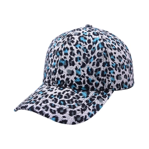 Detail view of the blue leopard print pattern on this stylish street baseball cap