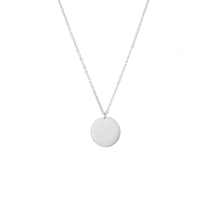 Minimalist silver stainless steel necklace with a polished round disc pendant on white background