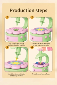 Four-step macro guide showing manual assembly of colorful plastic flower pieces