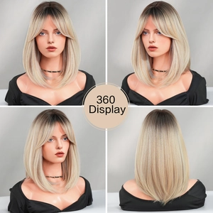 Vue à 360 degrés d'une perruque blonde ombrée mi-longue et lisse avec frange