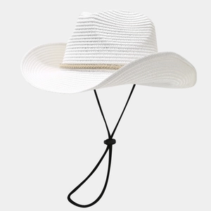 Detailed close-up of white woven cowboy straw hat featuring a gold rhinestone hatband
