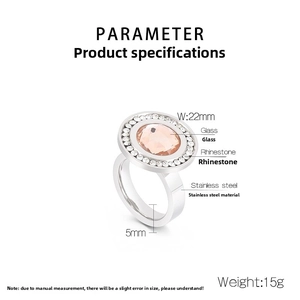 Detail showing 22mm pink oval crystal ring with cubic zirconia on stainless steel band