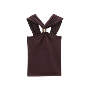 Slim fit dark brown halter neck top with cross front and gold metal buckle detail