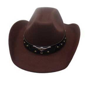 Western Cowboy Hat Polyester Felt Fedora With Bull Head Metal Emblem Riveted Belt Vintage Ethnic Style For Men Women