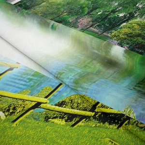 Macro shot of nature landscape printed on soft polyester fabric with fine mesh texture