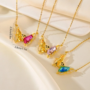 Detailed view of butterfly pendants in three colors with crystal accents and sizing