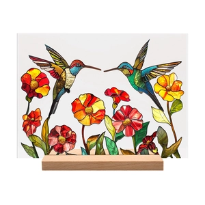 Detailed close-up of colorful acrylic hummingbird and flower desk ornament with wood base