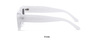 Side view of white thick square frame sunglasses with wide temples and metal hinges
