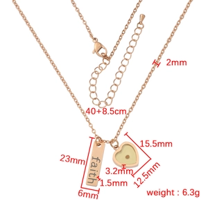 Rose gold stainless steel necklace with faith bar and seed heart pendant measurements