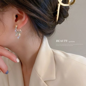 Silver needle cross earrings with sparkling pavé diamonds shown on a female model
