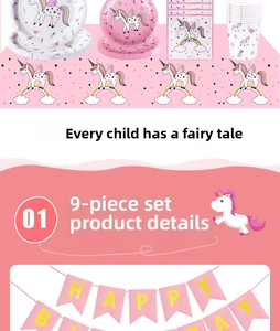 Détail de la vaisselle licorne avec assiettes, gobelets, serviettes et bannière de fête