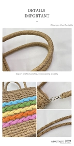 Detail of colorful rainbow stripes and texture on a handmade straw woven beach handbag