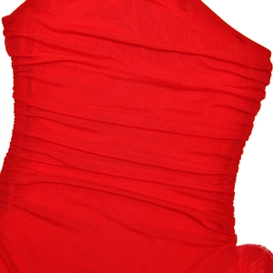 Detailed view of red ruched fabric texture with elegant folds for one-shoulder dress