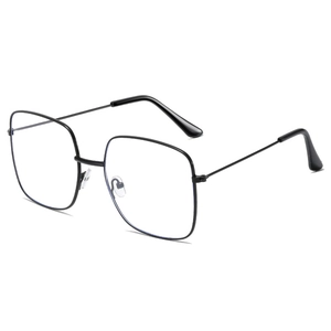 Classic large square black metal frame glasses with high-transparency flat lenses for a slim look