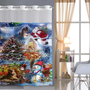 Detail view of large metal rings on double-layer Christmas shower curtain with festive prints