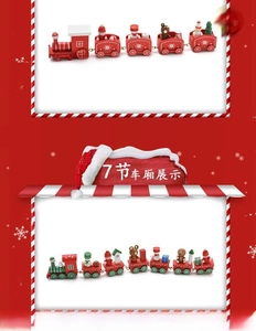 Detail of 7-section wooden Christmas train featuring Santa, snowmen, and festive decorations