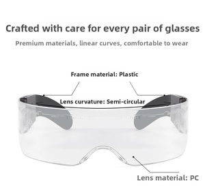 Close-up detail of cyberpunk LED glasses showing transparent PC frame and sci-fi patterns