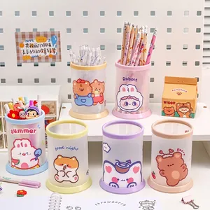 Round Pen Holder Folding DIY Assembly PP Plastic Cartoon Animal Desktop Organizer For Students Office Stationery Storage