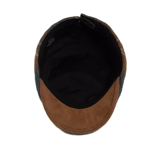 Mens wool blend plaid ivy cap with brown suede brim and warm inner lining