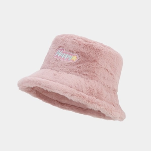 Chapeau bob en peluche rose pour femme avec broderie Happy colorée et étoile