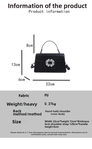 Dimensions détaillées du sac à bandoulière noir en cuir PU avec boucle en strass