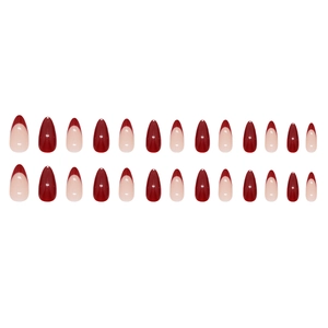 Glossy burgundy French tip almond press-on nails set of 24 pieces on white background