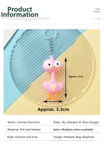 Pink bird keychain made of PVC rubber with silver ring shown in a detail product shot
