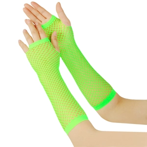 Macro shot of neon green fishnet fingerless gloves showing detailed mesh elasticity