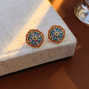 Vintage gold octagonal stud earrings with colorful enamel floral pattern and green zircon