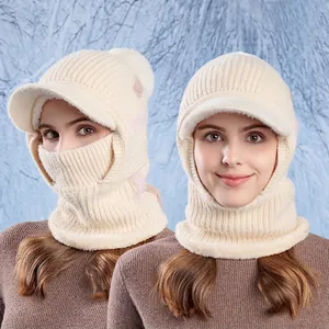 Winter Acrylic Knitted Balaclava Hat Mask Neck Warmer For Women Fleece Lined With Brim Pompom Outdoor Windproof Beanie