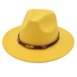 Bright yellow felt fedora hat with wide brim, braided band and golden metal feather