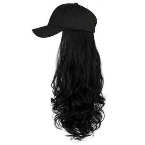 Long wavy black synthetic wig with attached black baseball cap for women's casual style