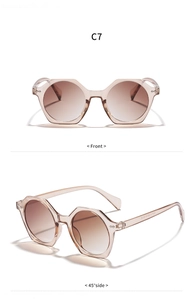Detailed front and side view of geometric octagon sunglasses with brown gradient lenses