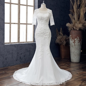 Mermaid Hochzeitskleid Spitze Halbe Ärmel Illusion Rundhalsausschnitt Schlankes Brautkleid Mit Pailletten Und Netzschleppe