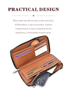 Internal layout of brown PU leather wallet featuring multiple slots and a phone pocket