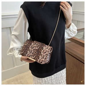 Dettaglio della borsa a tracolla leopardata con catena dorata e fibbia in metallo chic