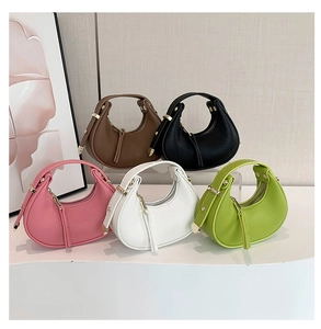 Litchi pattern leather crescent bags shown in brown, black, pink, white, and green