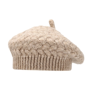 Vintage light brown knitted beret hat with textured cable pattern and elegant top stem